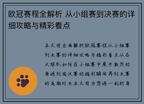 欧冠赛程全解析 从小组赛到决赛的详细攻略与精彩看点